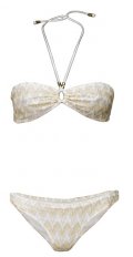 Swimwear H&M bikini bandeau avec noeud derrière le cou rayures brisées dorées et blanches été 2011
