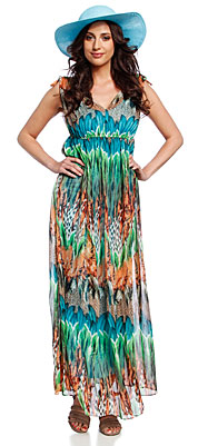 Robe longue imprimé plume turquoise 