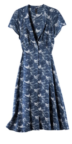 Collection WaterAid et H&M été 2011 robe bleue rétro mi-longue à imprimé blanc boutonnée