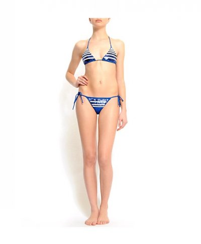 Bikini Mango triangle culotte échancrée bleu strassé et rayures blanches collection 2011