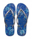 Tongs imprimé fleuri bleu et brides argentées