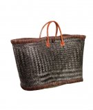 Grand panier en paille tressée kaki foncé et marron 