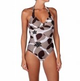 Maillot de bain beige imprimé fleurs taupe et marron noué collection été 2011 Décathlon