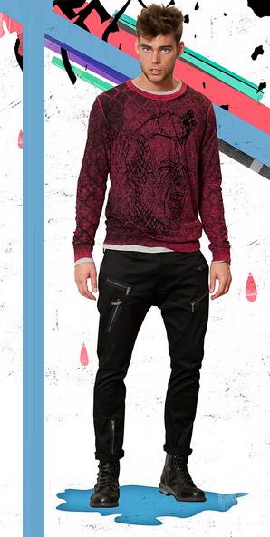 Pull rouge imprimé avec un pantalon àzips Diesel homme, collection Automne Hiver 2010-2011