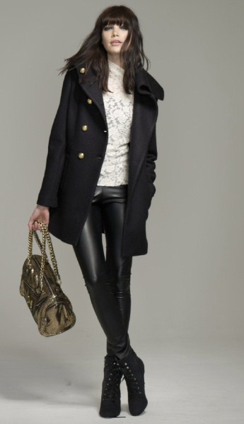 Manteau en laine noir leggings en cuir noirs collection Morgan femme automne hiver 2010 2011