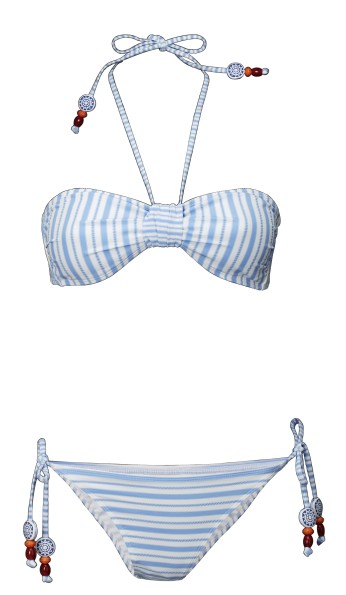 Bikini bandeau rayé bleu clair et blanc noeuds agrementés de perles maillot été 2011 H&M