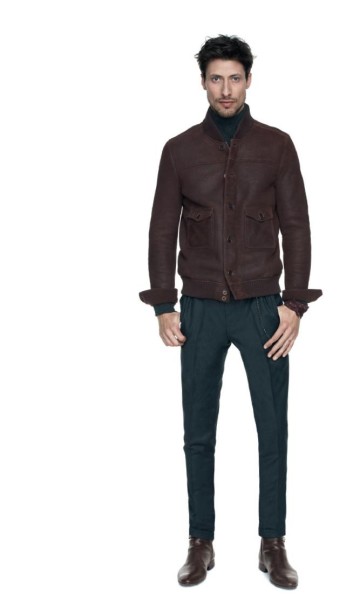 Blouson marron peau retournée pantalon flanelle vert collection homme Sandro automne hiver 2010 2011