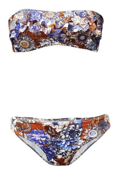 Bikini bandeau liberty à froufrous dans les tons bleus et oranges H&M femme été 2011