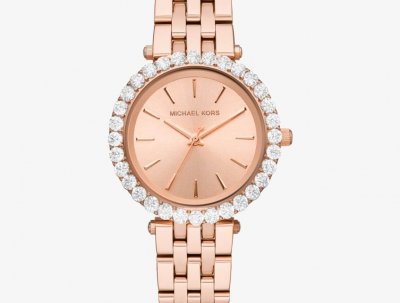 Montre féminine Michael Kors ton or rose avec lunette pavée