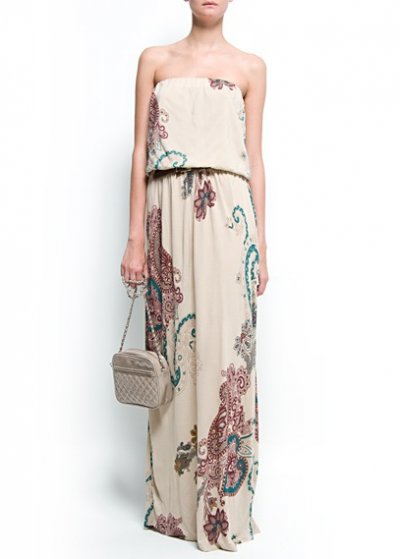 Maxi robe bustier imprimée beige