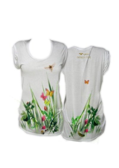 Tee-shirt long blanc imprimé vert orange rose manches courtes collection capsule T-Garden By Patrizia Pepe printemps-été 2011