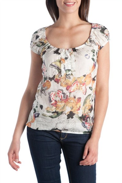 Tee-shirt blanc léger à imprimé papillon multicolore tendance de mode été 2011 Cache Cache