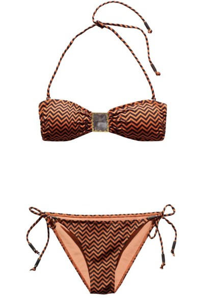 H&M été 2011 bikini bandeau imprimé rayures brisées chocolat et rose corail